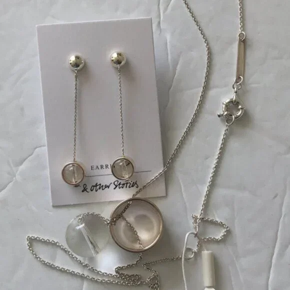 & OTHER STORIES Set of ORB PENDANT EARRINGS SILVER & Clear and Matched Necklace - Picture 8 of 10